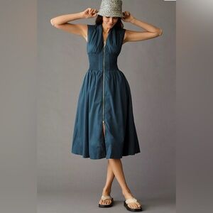 Anthropologie Cap-Sleeve Smocked Front Zip Midi Shirt Dress